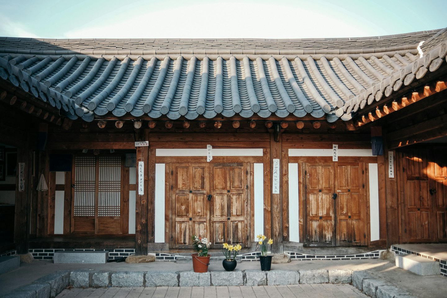 Potted flowers sit on stone steps before a traditional Hanok.